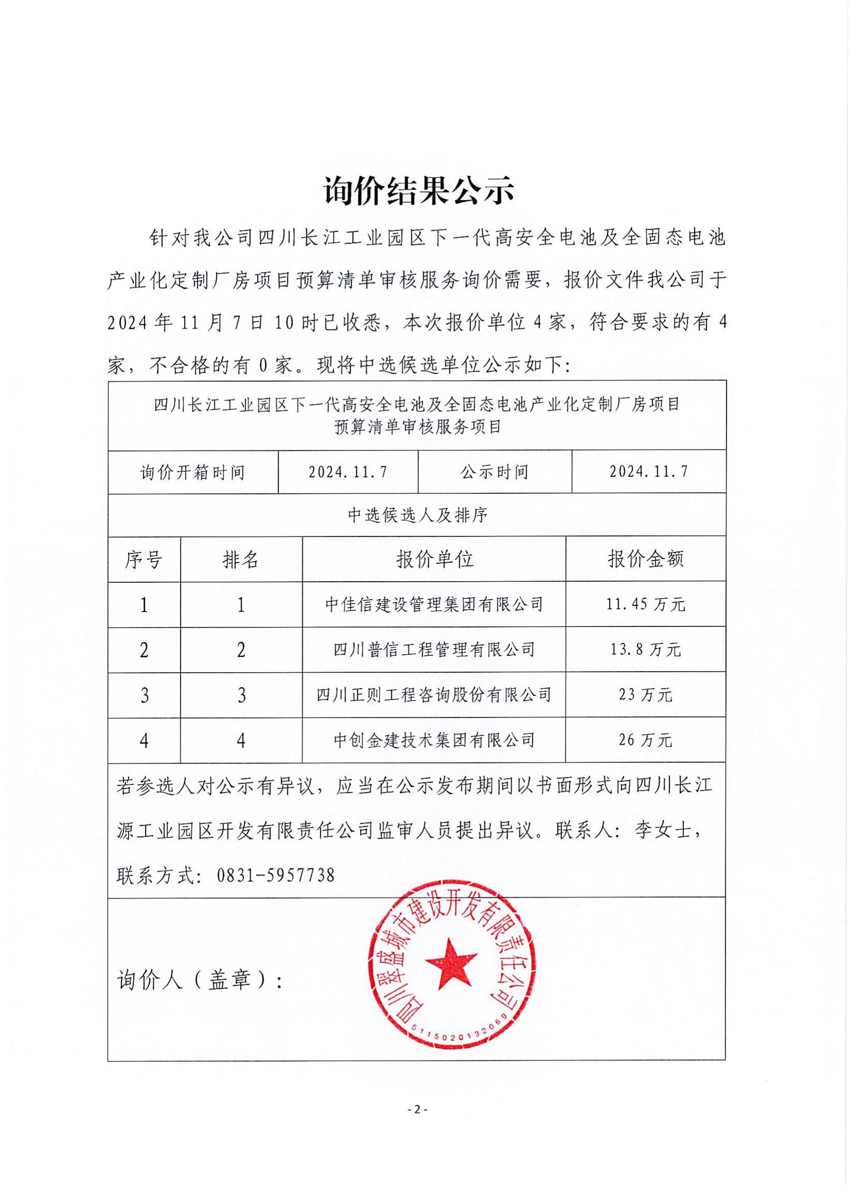 詢(xún)價(jià)結(jié)果公示