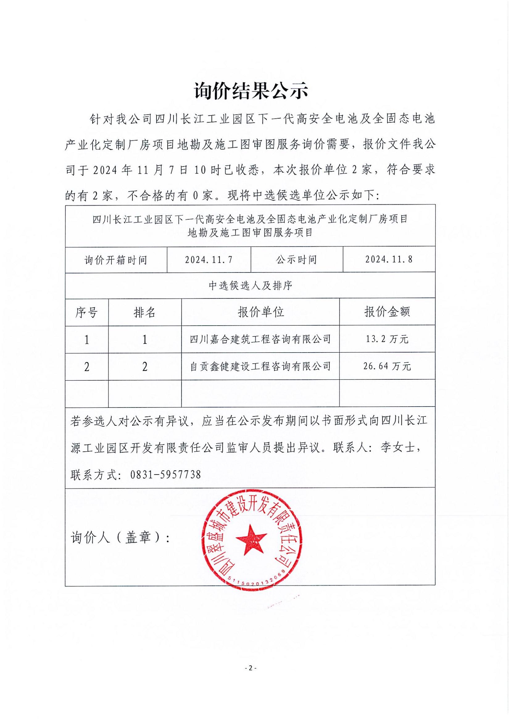 詢(xún)價(jià)結(jié)果公示